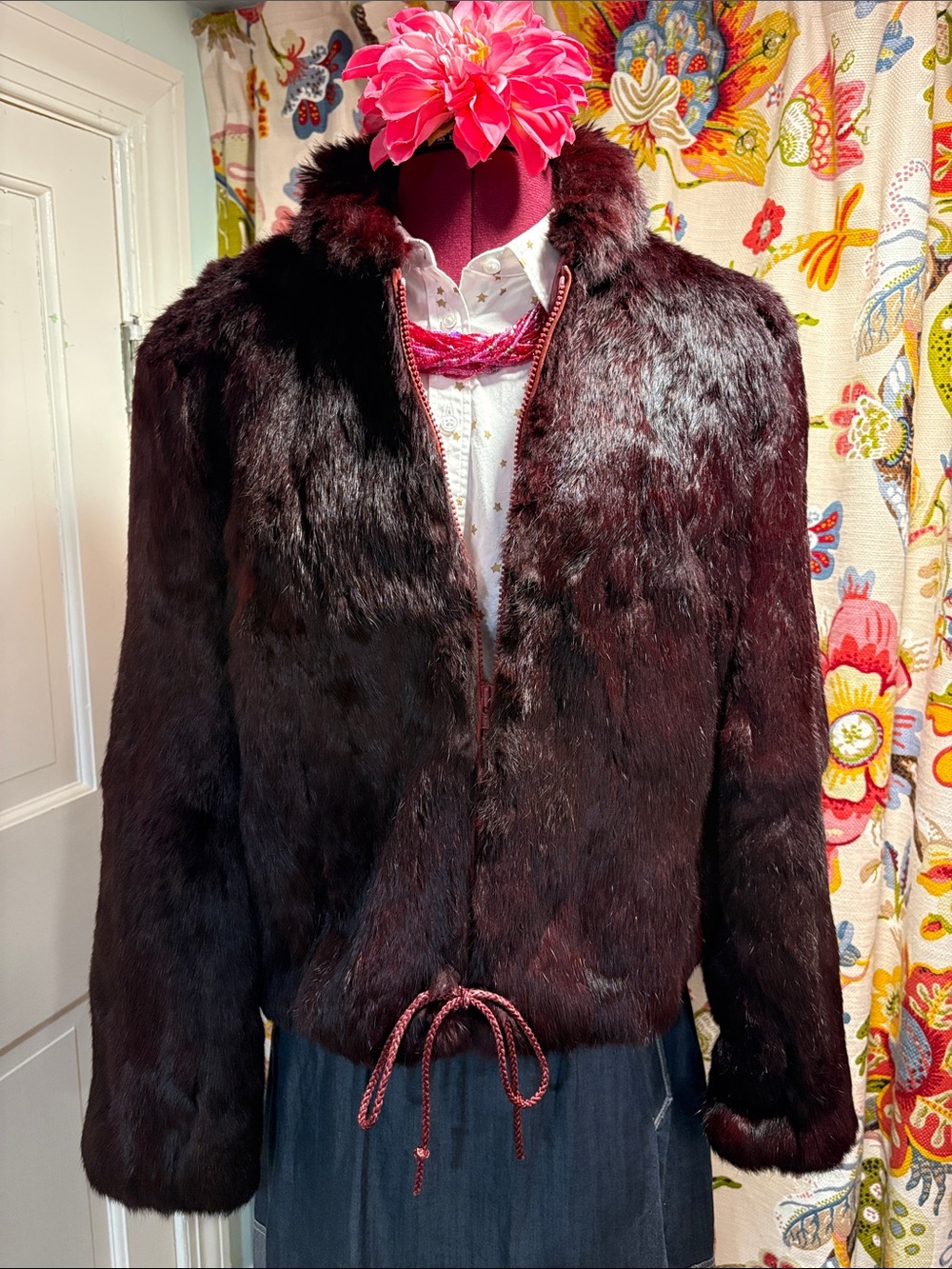 Women's Dyed Rabbit Fur Zip-Up Jacket in Deep Burgundy
